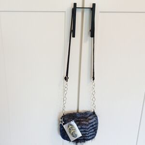 Blue Faux Fur Purse Shoulder Bag Long Asjustable Crossbody Strap & Keychain 7"